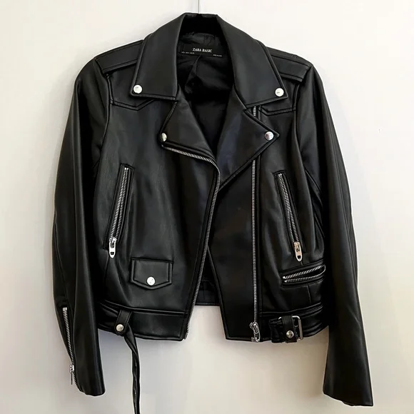 ZARA Black Faux Leather Motto Jacket - Picture 1 of 5